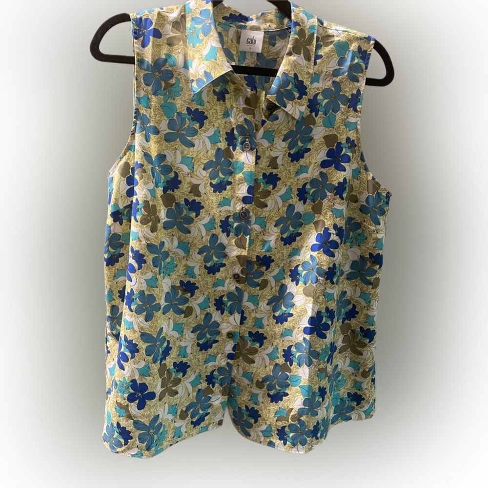 CAbi blouse in fun bright blue and yellow colors, size Large.